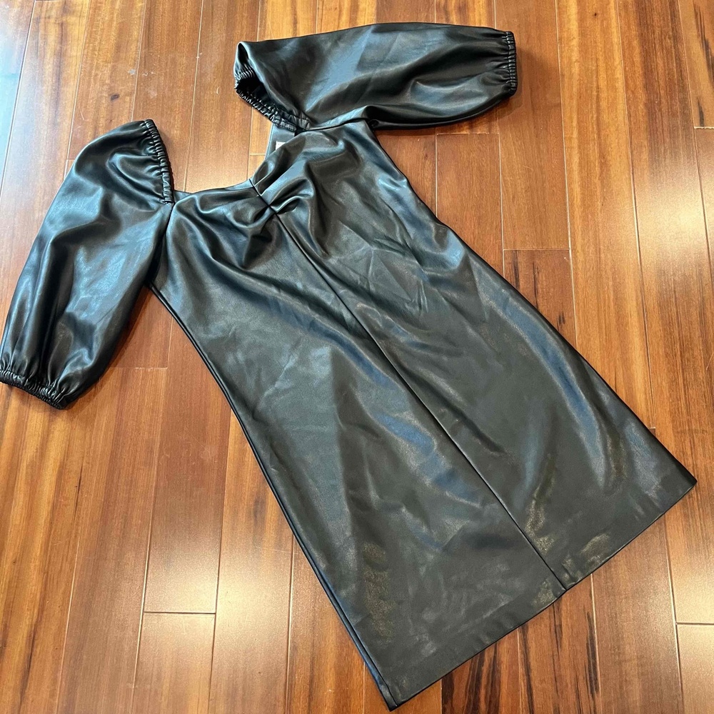 MNG by Mango Black Dress Puff Sleeve Faux Vegan Leather Midi Mob Boss Wife Sz 6